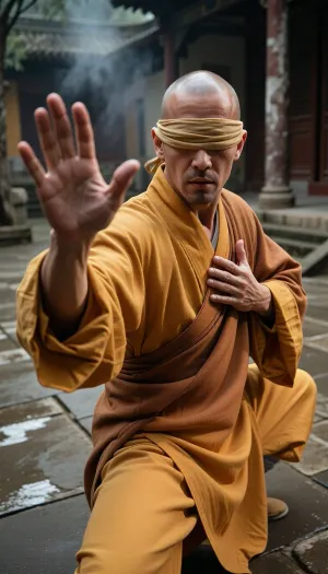 Professional photography, striking photorealism, ultra-detailed, an artistic and evocative cinematic aesthetic. A senior Shaolin monk with a shaved head is practicing Tai Chi Chuan in a secluded courtyard of an ancient, mist-shrouded Shaolin monastery. He is blind, with his eyes completely covered by a simple, traditional martial arts blindfold made of a strip of plain, weathered saffron-yellow cloth tied securely around his head. He wears a traditional, long, flowing saffron-yellow and orange Buddhist robe made of high-quality fabric that gently blows in the breeze. His martial arts posture is frozen in a precise Tai Chi stance, one hand is extended forward with an open, relaxed palm and perfectly formed fingers, while his other hand is held near his chest, palm facing downward, showing flawless skeletal hand anatomy and clear finger separation. His movements are fluid and perfectly controlled, embodying a deep sense of internal spatial awareness. The camera is equipped with an 85mm lens, capturing the sharp focus of the monk's hands and face with a shallow depth of field that softly blurs the background of weathered stone-paved ground and ancient columns. Warm, dramatic golden hour glow casting long shadows. Shot on 35mm film, realistic skin texture, film grain, optimal quality, tranquil harmony.