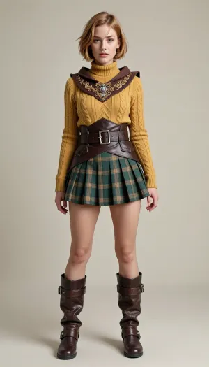 * The character has a short, honey-blonde bob haircut with a side-swept fringe.

Her outfit consists of, A mustard-yellow cable-knit turtleneck sweater vest over a lighter top.

A decorative brown collar or hood piece with intricate floral or filigree embroidery worn around the neck and shoulders.

A wide, dark brown leather belt with a simple silver buckle, worn low on the hips over the skirt.

A green plaid pleated miniskirt.

A pair of distinctive, slouchy brown leather gaiters or boot covers with buckles at the top and bottom, worn over dark shoes.