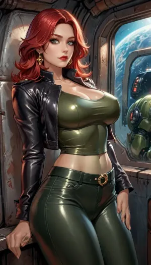 Gamora from guardians of the galaxy, green skin, red hair, beautiful, big breasts, large thighs, leather pants, leather jacket, spread jacket, solo, reiq style, in space ship, makeup, red lips, <lora:LCMTurboMix_Euler_A_fix:.8>