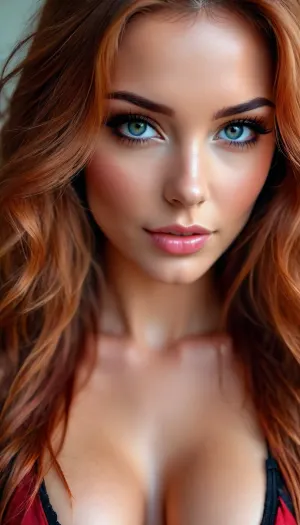 woman, extreme Close up, Portrait, beautiful french, instagram model, 25 years old, happy, perfect, slim e body. pulling down her black satin bra to reveal c cup breasts, long bright red tousled hair, hair half up half down, perfect face, eye contact, perfect eyes, gorgeous, sexy, sensual, seductive eyes and look, pulld, <lora:attractive_notrigger:1.7>, <lora:BUT_SDXL_SHS:2>, <lora:Vivid Midjourney mimic - XL SDXL v2.0:1.7>, <lora:add-detail-xl:1.6>
