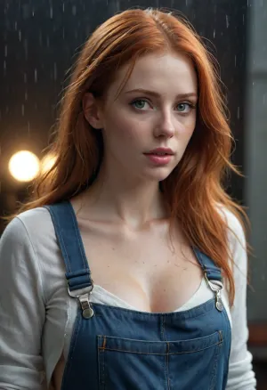 attractive women, hyperrealistic 3d render of a redhead woman, soft eyes and narrow chin, figure, long hair straight down, torn overalls, very large breasts, flashing tits, erect nipples, wet++, raining++, slightly wet hair++, dim volumetric lighting, 8k octane beautifully detailed render, post-processing, most of body visible, extremely hyper detailed, intricate