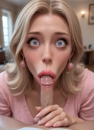 fellatrix artstyle, fellatrix style, POV, (milf, bimbo:1.9), blowjob, (eye contact), (wide eyes:1.9), (vacuum blowjob:1.5), (big lips:1.3), (cum), (shocked), (tears:1.3), (small penis:1.5)