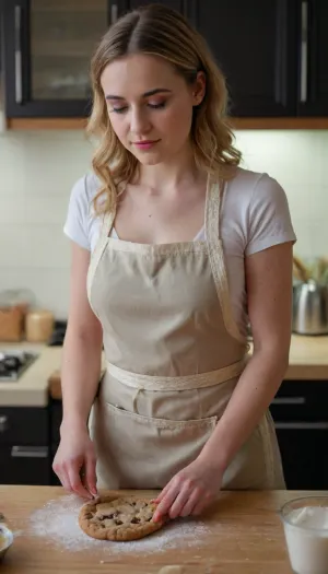 A young woman is baking cookies in the kitchen, wearing a small apron which allows her ample bosom with pert nipples to be exposed