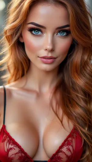 woman, extreme Close up, Portrait, beautiful french, instagram model, 25 years old, happy, perfect, slim e body. pulling down her black satin bra to reveal c cup breasts, long bright red tousled hair, hair half up half down, perfect face, eye contact, perfect eyes, gorgeous, sexy, sensual, seductive eyes and look, pulld, <lora:attractive_notrigger:1.7>, <lora:BUT_SDXL_SHS:2>, <lora:Vivid Midjourney mimic - XL SDXL v2.0:1.7>, <lora:add-detail-xl:1.6>
