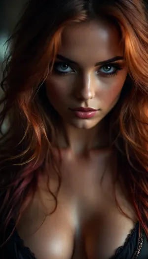 woman, extreme Close up, Portrait, beautiful french, instagram model, 25 years old, happy, perfect, slim e body. pulling down her black satin bra to reveal c cup breasts, long bright red tousled hair, hair half up half down, perfect face, eye contact, perfect eyes, gorgeous, sexy, sensual, seductive eyes and look, pulld, <lora:attractive_notrigger:1.7>, <lora:BUT_SDXL_SHS:2>, <lora:Vivid Midjourney mimic - XL SDXL v2.0:.5>, <lora:add-detail-xl:1.6>, <lora:dark:.1>