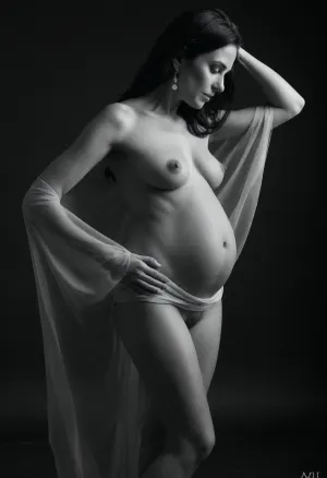 ((black and white photo:1.8)), (monochrome:1.4), ((image of a mature pregnant nude woman in fine art style wrapped in transparent, delicate silk fabric, located in the center of a huge, minimalistic space of a white studio. Ultrathin and transparent fabric hugs her small sagging breasts and curvy hips, showing pressure and tightness in places of contact with the skin), attractive mature lady, 55 years old, long black haircut, sagging wrinkled breasts, stretch marks, wears beige high-heeled shoes, pearl earrings, stands on a black background. full body view, hands behind head, makeup, hairy pussy, arrogant facial expression, full body view, long nipples, markings, streaked, full, mature)