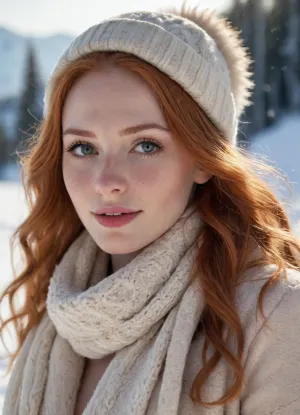 masterpiece, best quality, ultra detailed, photorealistic, 8k raw photo, beautiful 25 year old skinny redhead woman, very long cascading wavy red hair, pale white skin with light freckles, heavy eyeliner makeup, shy seductive smile, perfect face, (large natural breasts, perky nipples), topless, (wearing an open winter coat), chapka hat and scarf, standing in deep snow, pov shot, snowy Russian mountains in background, cold winter day, soft golden hour sunlight with strong backlighting, orange and golden shadows, high contrast lighting, detailed skin texture, visible cold blush on cheeks, snowflakes in hair, realistic snow and cold atmosphere, cinematic composition, depth of field