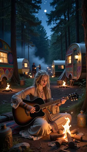 Masterpiece, best quality, highly detailed, a vast bohemian gypsy camp in a dark forest clearing at night, in the center, a blonde dreadlocked bohemian woman, serene smile, delicate dimples, sits at the forefront, playing an acoustic guitar by a small campfire, her slender fingers pressing the strings, each fingernail finely detailed, she wears a flowing bohemian dress, and the warm glow of the fire dances on her skin, behind her, a kaleidoscope of vintage gypsy wagons, each wagon uniquely decorated with vibrant colors and lanterns, some wagons have small campfires outside, the forest thick with tall trees surrounding the scene, mist rising between them, the entire clearing filled with other smaller campfires, distant laughter and music softly blending into the night, a soft haze in the air, stars peeking through the tree canopy, the entire atmosphere relaxed, magical, and deeply atmospheric, a masterpiece capturing the spirit of a wandering nomadic life.