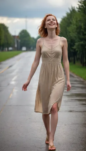 (empty suburbian park alley), young woman, tall pretty face, dancing in the summer rain, all wet, skinny and tall, ginger hair, short hair, happy face, smile, (hands aside), (soaking wet beige long summer dress), bare feet in brown sandals, percky fitted tits, looking up long nipples, ((distanted view:1.3)), ((aside view:1.3)), daytime, (sun light rays through the clouds:1.3), <lora:Detailed_female_hands-000001:.8>