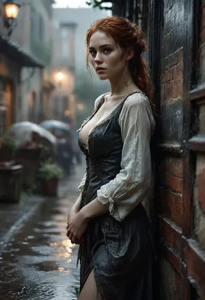 18th century, the young, penniless, drunk, dirty 25-year-old woman stands outdoor in the hard rain, leaning against the wall of the tavern and shamelessly, (offers her young and youthful slender body to passersby for paid sex:1.4), (exposes her firm tits:1.2), torn clothes, self-confident, sexy, redhead hair, unkempt, homeless, night, dynamic, FRESHIDEAS, Real, Photography, 2#, Black, and, white, art, black, shading, charcoal, toned, dark, b/w, color, scheme, longnips, <lora:FRESHIDEAS Real Photography 2#:.6>, <lora:Black and white art.V1:.1>, <lora:MJ52:.4>, <lora:detailed_notrigger:.8>, <lora:longnipsxl:.8>