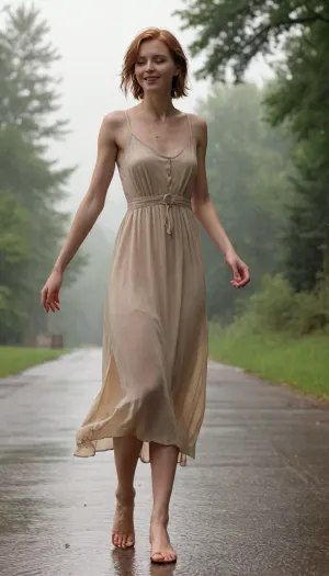 (empty suburbian park alley), tall and skinny young woman, (pretty face), dancing in the summer rain, all wet, ginger hair, short hair, soft happy smile, (hands aside), (soaking wet transparent beige long summer dress with wide straps:1.3), (bare feet in brown sandals with heels), percky fitted tits, ((distanted view:1.3)), ((aside view:1.3)), daytime, (sunlight ray falls on her through the clouds:1.5), eye contact, <lora:Detailed_female_hands-000001:.8>