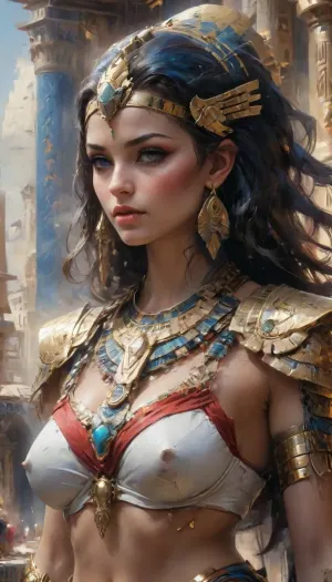 A highly detailed close up oil painting, in style of by John Berkey, a woman in an egyptian costume, egyptian art, cgsociety contest winner, fantasy art, with perfekt big round breasts, full hd, metart, commission for, an oil on canvas painting, contest winner, figurative art, an airbrush abstract figurative art, <lora:xl_more_art-full_v1:.5>, <lora:aesthetic_anime_v1s:.8>, <lora:Mecha_Ggorgeous_Armor-000011:.1>