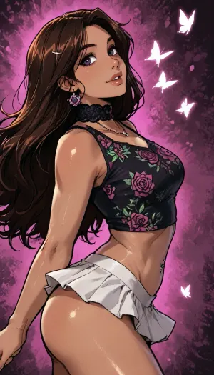((Melkor mancin meet markgavatino style)), ((symmetric perfect eyes)), look at viewer, (purple background psychedelic abstract), (Arabic dark skin:1.5), muscular small petite, short height, ((Filipina princess in an intricate outfit, high micro skirt)), (portrait pose arched back plump ass:1.4), ((large plump tits)), glowing purple flowers butterflies, (reiq style), Score_9, score_8_up, score_7_up, masterpiece, (1woman, 8k resolution, ultra-detailed), solo, ratatatat74, super thick long hair blowing in the wind, hair clips bangles, bright lipstick, bright eyes, <lora:LCMTurboMix_Euler_A_fix:1.1>, <lora:ratatatat74-000050:1.1>, <lora:SDXLSamDoesArts:1.1>, wet thighs, rose, butterflies, necklace choker, subtle small smile, ((belly piercing))