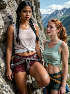 Photorealistic video, 8K UHD, ultra-hyperrealistic, an authentic, photorealistic scene set in the High Alps. At the center are two stunning young women, The first is a Latina with long black hair braided into a single plait, full lips, brown eyes, and a caramel complexion. The second is an Irish woman with long, curly red hair tied back in a ponytail, full lips, fair skin with freckles, and green eyes. Both are filmed from a medium distance against the backdrop of a steep rock face. It is a hot, sunny day. They are situated at the foot of the rock face. The first woman wears dark red, short, cut-off shorts, a thin, sweat-drenched, semi-transparent, sleeveless white blouse, and heavy mountaineering boots, her blouse is knotted at the front. Her skin glistens with sweat, and visible beads of sweat cover her entire body. The second woman wears dark green shorts, a thin, sweat-drenched, semi-transparent, sleeveless light green blouse, and heavy mountaineering boots, her blouse is knotted at the front, her skin glistens with sweat, and visible beads of sweat cover her entire body. Both wear subtle jewelry and carry mountaineering gear. The black-haired woman is halfway up the rock face, free climbing. The redhead is still standing at the foot of the rock face, looking up at her friend. Exceptional richness of detail in the skin texture. Soft, cinematic lighting, shallow depth of field, razor-sharp focus, natural film grain, and an extremely high level of detail.