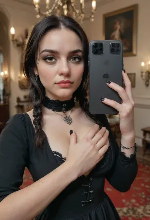 Masterpiece, High detailed hands eyes and face, Couture, Colorful steam, beautiful lady look like Wednesday Addams holding iPhone in left hand, making a selfie, (white content), ((goth make-up)), black long gown, black collar, embroidered lace, chandelier, glittery smoke, beautiful model, saggy breasts, clothing, left breast visible, perfect brown eyes perfect eyes, <lora:MJ52:.7>, <lora:2BoutOvalSDXL2-000002:1.2>, <lora:PerfectEyesXL:1.5>, <lora:HandFineTuning_XL:1.2>