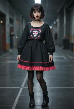 miniature cute goth girl in high-tech cyberpunk style futuristic dance floor, black hair with pink streaks, pixie haircut, goth makeup, gothic_loli dress, black stockings, dress hem ends higher than stockings elastic band, massive heavy black boots