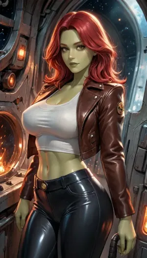 Gamora from guardians of the galaxy, green skin, red hair, beautiful, big breasts, large thighs, leather pants, leather jacket, spread jacket, solo, reiq style, in space ship, skswoman, <lora:LCMTurboMix_Euler_A_fix:.8>, <lora:Gamora:.8>