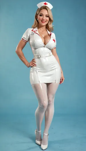 (((Use Character))), Blonde, 29yo, busty milf nurse in white latex uniform, large breasts, hourglass bodyshape, seductive slut, Smiling at viewer, Horny as fuck, Full body shot