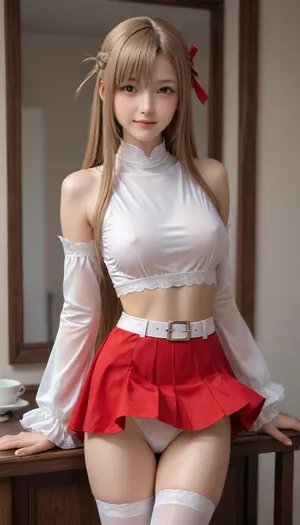 cute asian of 22 years old, little smile, staring at me, (slim legs, slim thigh:1.08), volumy hair, (very long straight brown hair that reached her thigh:1.04), see-through her boobs of E-cups, bouncing breasts, (asuna cosplay of sao anime, lift up red_skirt with white line, detached_sleeves, white_thighhighs, brown_eyes, transparent breastplate, red pleated_skirt, miniskirt, white_belt:1.15), white and red costume with line, red skirt, white blouse, (white panty, detailed panty, sexy panty, visible panty, looking panty:1.14), direct front of her slim legs, (realistic, detailed quality:1.04)