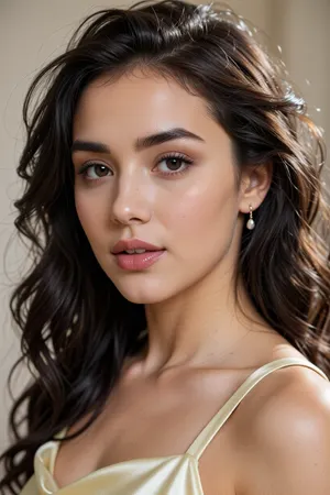 (radiant young woman in her mid-20s:1.4), (fresh-faced elegance:1.3), (youthful vitality:1.2), (smoothly contoured jawline:1.2), (natural jawline structure:1.3), (almond-shaped dark hazel eyes:1.7), (intricate iris detail:1.6), (well-defined dark eyebrows:1.5), (natural arched brows:1.3), (full soft lips:1.5), (defined cupid's bow:1.4), (nude pink lip tint:1.3), (hyper-realistic skin texture:1.6), (highly detailed fine pores:1.4), (clean yet textured complexion:1.3), (natural skin sheen:1.3), (long wavy dark brown hair:1.5), (chaotic flyaway strands:1.6), (unruly organic hair clumps:1.4), (backlit tangled hair strands:1.4), (small silver drop earring:1.4), (pale yellow silk strap:1.6), (lustrous satin fabric sheen:1.5), (natural fabric creases:1.3), (85mm lens:1.4), (f/1.8 aperture:1.4), (soft focus effect:1.3)