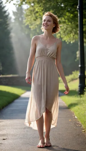 (empty suburbian park alley), tall and skinny young woman, (detailed pretty face), dancing in the summer rain, all wet, ginger hair, short hair, soft happy smile, (hands aside), (soaking wet transparent beige long summer dress:1.3), (summer dress with wide straps), (bare feet in brown sandals with heels), percky fitted tits, ((distanted view:1.3)), ((aside view:1.3)), half-turned figure, daytime, (((sunlight ray falls on her through the clouds:1.5))), eye contact, <lora:Detailed_female_hands-000001:.8>