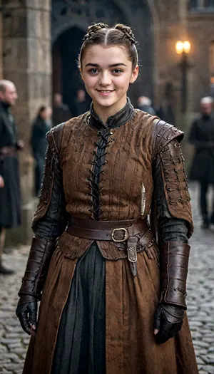 ((((ar1ast4rk)), woman, her, hair, is, brown, and, slicked, back, she, wearing, season8, outfit, with, coat, medium, length, a, dark, assassin, dress, styled, in, double, bun, braavosi, attire, leather, armor, smiling, standing, arms, full front view, make-up)), <lora:ar1ast4rk woman sdxl:2>, <lora:detailed_notrigger:2>, <lora:LCMTurboMix_Euler_A_fix:2>, <lora:JuggerCineXL2:2>, <lora:[XL]focus:2>