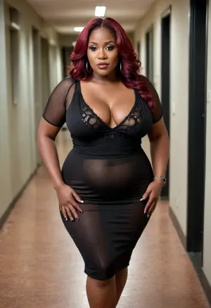 a 40 year old bbw, sexy, masive saggy big breasts, with a big cleavage, african american women, burgundy red hair, wearing a black sheer bodycon dress, full body image