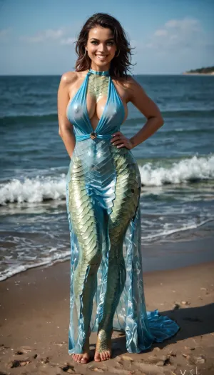 ((30yo mutant-girl)), ((fish-woman)), (((fish scaly skin))), smile, ((large_breasts covered with scales)), light_blue_hair, ((a woman-fish hybrid), (hybrid), (full body covered with scales)), full body view, realistic, photo, (legs covered with scales), (arms covered with scales), ., (Scaly body visible under a transparent dress), beach, ocean, wave. Perfect pussy., hybridexa, insect, hybx1, <lora:hybridexa:1.6>