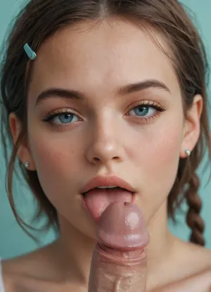 1girl, blue eyes, brown hair, hairclip, sidelocks tied back, one braid, dark-skinned, earrings, close-up, solo, tongue, her tongue is around a white cock, saliva, open mouth, abstract background, tongue out, aqua background, lips, looking at viewer, licking, seductive, half-closed eyes, <lora:SDXL Detail:1.3>