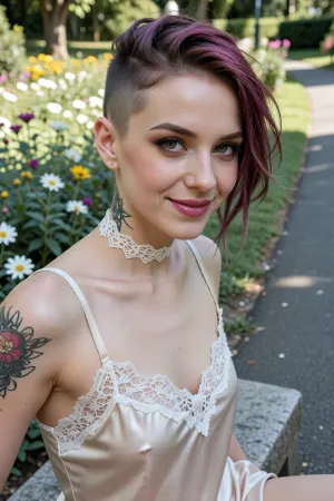 (unedited amateur candid action snapshot aesthetic, closeup flattering portrait, 1girl, solo woman, playful flirty moment:1.8), (A goth-girl in her late twenties in a park, she mischievously grins a soft flirty smile at the viewer), (heavily tattooed, pale skin), (heavy emo inspired makeup enhancing her girl-next-door aesthetic), (shocking vivid dyed hair styled swept-back and cut short with one side shaved in an undercut, undercut hair, stray strands of hair framing her face, sharp defined jawline, elegant neck and delicate collarbone definition), (She is wearing a silk slip trimmed with white lace, lace choker, non-nude, sfw:2), She's sitting on a low stone bench placed alongside an asphalt path winding through a serene flower garden.

Focus on her enchanting eyes., (bright hazy summer flower garden in background, de-saturated pale greenery and blurry sun-drenched flowers), (blown-out white highlights, washed-out high-key aesthetic, overexposed low-contrast spontaneous candid look:1.6), (Low dynamic range, harsh overexposed midday sunlight:1.6)