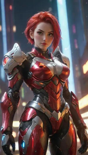 overwatch style, (view from below:1.2), front view, focus on breasts, mature woman, dyed red hair, (candid very sexy sci fi armor), tight-fitting pants, girl looking at the camera, exposed breasts, sexy provocative pose, fit thighs, arrogant smile, neon lights, (highly detailed face:1.3), <lora:DonMCyb3rSp4c3XL-000010:.5>, <lora:CuteLora:.5>, <lora:FaeStyle:.5>, <lora:Arcana_XL:.2>