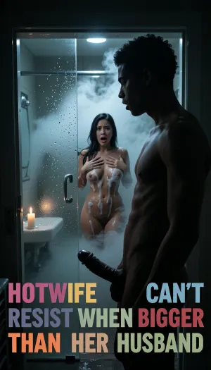 Photorealistic cinematic Film Noir scene, 19 years old young black man standing in absolute darkness in a hallway, only faint glimmers of his dark hair visible in shadow, he jerks off his huge black penis, while, he gazes through a very narrow door crack into a bathroom filled with thick steam, the air dense and hazy, in the distance a 30 years old curvy brunette asian woman behind a fogged glass shower door, water droplets detailed on glass, her sexy busty silhouette covered in foam, her hands shampooing her hair, candlelight flickers as the only illumination, water glistens on her skin, every surface damp and shadowy, the young black man distant, the scene wrapped in mystery and tension, a film noir masterpiece full of darkness, distance, steam, and subtle intimacy, she's shocked and open mouth, She has both hands on her heart, looking frightened., ((She's looking the viewer)), .

Big color text, "HOTWIFE CAN'T RESIST WHEN BIGGER THAN HER HUSBAND".