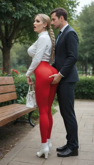 (Full height:1.3), (mouth open:1.3), gropes ass, Salitta, 25 years old, squatting and giving a blow job to a man in a suit, female, shiny blue short jacket, bag, long straight pigtails, blonde hair, earrings, bitch, makeup, supermodel, very large breasts, white top tall, black eyeliner, very long legs, white boots, red leggings, very natural realistic lighting, soft butt, in the park, flowers, in the bushes, bench