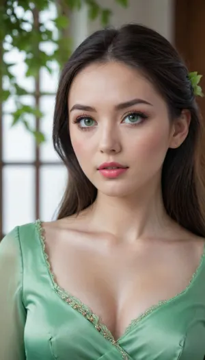 An Asian woman, 18 years old, She has long, straight black hair that falls like a silk curtain to her waist, a stark contrast to her porcelain skin. Her most striking feature is her eyes, they are a vivid, almost luminous green, the color of new spring leaves, and they seem to hold an ancient wisdom within their almond shape. She has a delicate, heart-shaped face with high cheekbones and a full, naturally pink lips. Her slender frame is adorned with a simple, flowing crimson dress that complements her dark hair and makes her green eyes pop even more dramatically. She moves with a quiet grace, her bare feet making no sound on the polished wooden floor, and when she speaks, her voice is soft but clear, with a hint of an accent that you can't quite place., realistic, real, face, hyper, realsitic, influencer, insta, beautiful, sexy, pretty, <lora:Realistic_Insta_InfluencerV1.0:.8>