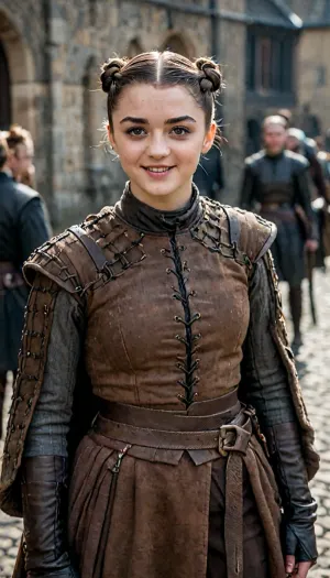 ((((ar1ast4rk)), woman, her, hair, is, brown, and, slicked, back, she, wearing, season8, outfit, with, coat, medium, length, a, dark, assassin, dress, styled, in, double, bun, braavosi, attire, leather, armor, smiling, standing, arms, full front view, make-up)), <lora:ar1ast4rk woman sdxl:2>, <lora:detailed_notrigger:2>, <lora:LCMTurboMix_Euler_A_fix:2>, <lora:JuggerCineXL2:2>, <lora:[XL]focus:2>