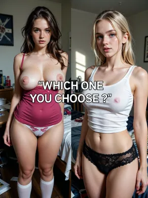 Ultra realism, 8k UHD, ultra detailed, cold natural lighting, sunlight illuminating a messy university student bedroom, perfect shadows. Picture divided in two parts. On the left side of the picture, Cute, shy, timid, goofy, wife, standing up, (French, very pale skin, 18yo, makeup, freckles on her face, spots, skin imperfections, messy clear brunette hair, long fluffy hair, square jaw, very clear blue eyes, pointed nose, natural sagging big breast, average waist, very wide hips, chubby thighs, chubby belly), she's wearing dark pink lace nightie and a white printed panties, white textured high socks, full body shot. On the right side of the picture, (german, pale skin, 18yo, no makeup, freckles on her face, subtile skin imperfections, messy clear blonde hair, mid long hair in a ponytail, high cheekbones, big clear brown eyes, long nose, natural small breast, slim waist, slim hips, slim thighs, flat belly), she's wearing white coton slim sized nightie and a black lace panties, full body shot. "WHICH ONE YOU CHOOSE ?" Medium text on the center of the picture.