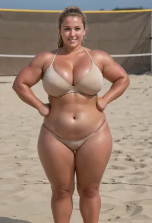 An plumper strong 24-year-old woman, her hair pulled back into a sleek ponytail, standing confidently in the center of a beach volleyball court., (strong hourglass figure:1.4), (large breasts:1.2), chubby Face, Her tanned skin glows under the professional lighting setup, (tan lines:1.5), emphasizing her natural beauty and the soft focus that surrounds her. She's dressed in a sports bra and bikini bottom, both in vibrant colors that complement her complexion., (vibrant color bra:1.2), The fabric clings to her toned physique, revealing the contours of her body earned from countless hours of rigorous training. The Canon EOS R5 DSLR, equipped with a 75mm lens, captures her in the midst of a warm hour, the sun kissing the horizon and casting a soft halo around her. Her smile is seductive, hinting wanting to have sex. The volleyball court is a canvas of fine sand and well-defined lines, with the ocean as a serene backdrop. The High Dynamic Range, (HDR), technique ensures that every detail, from the beads of sweat on her forehead to the intricate pattern on her sports gear, is rendered with stunning clarity. The portrait boasts a full body shot, showcasing not just her physical prowess, but also the youthful vitality and spirit of competition. The soft depth of field draws the viewer's gaze to her, blurring the lines of the net behind her to create a sense of depth and isolation. The 8k resolution allows for an unparalleled level of detail, making the image feel almost lifelike. Her eyes sparkle with the satisfaction of a hard-fought game, yet the softness in her expression suggests a gentle nature beneath the athletic facade. This is a monent of triumph and joy, immortalized in a high-quality photograph that celebretes her dedication, skill, and the inherent grace that comes with it., chest, big, breasts, huge, hips, thighs, wide, thick, plump, belly, muscular, female, arms, extra, abs, <lora:round_breasts-XL-1.0:.8>, <lora:Venus_Body_Alpha:.8>, <lora:runga_8.1-000002:.8>