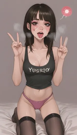 (1 slut girl kneeling, making a peace gesture, tongue out, sperm on face, sperm on lips, sperm on breast, sperm on body, skinny thin legs, vulgar slutty face, makeup, darkroom, nylon tank-top, cleavage, hot breathing, panties, camel toe, stockings, <lora:ratatatat74-000050:1.3>, <lora:outline_xl_kohaku_delta_spv5x:1.8>, <lora:cartoon_stickers_xl_v1:.6>, <lora:NEOTOKIOXL_0.2_RC:.4>)