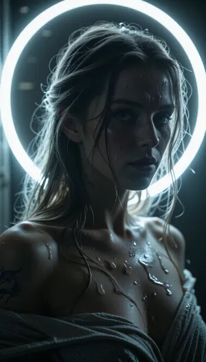 A photorealistic masterpiece, set in a moody, atmospheric environment, with a strong backlight creating a halo around the figure, each strand of hair glowing in the light, surface textures emphasized, skin, fabric, and light all captured in intricate detail, the mood is dramatic, the light is dynamic, the composition draws the viewer into a world of rich emotional depth, surprise me with this cinematic brilliance, seamless, detailed, immersive, light and shadow in perfect balance.