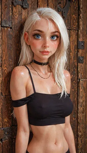 (reiq meets innv and Jack cayless art style), (white hair), (Incase style:1.2), (small perky breast), (extra black eyeliner), ((sweaty face)), (erected nipples:.6), A realistic portrait photograph of a woman in her early 30s with shoulder-length straight dark reddish hair, bright blue eyes, and a friendly slight smile showing her teeth., ((black shiny crop top:1.3)), black choker necklace, Warm, cozy atmosphere, photorealistic, sharp details, natural colors, high resolution. futuristic-fantasy-anime, incase, style, clothes, <lora:SDXL_BetterFaces-LoRA_v1:.8>, <lora:sd_xl_turbo_lora_v1-64dim:2>, <lora:Incase_Style__SDXL:2>