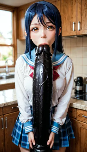 1girl, solo, love live! superstar!!, wakana shiki, brown eyes, blue hair, school uniform, upturned eyes, looking at viewer, holding excessive hyper big black dildo, dildo in mouth, sexually suggestive, background kitchen