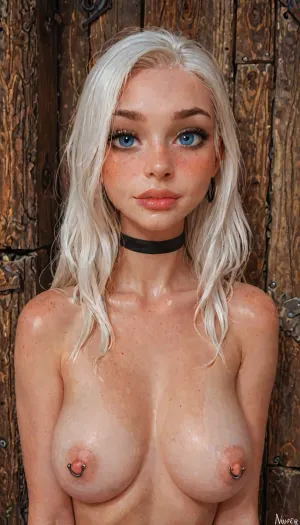 (reiq meets innv and Jack cayless art style), (white hair), (big lips), (Incase style:1.2), (small perky breast), (black eyeliner), (ring nipple piercing), (erected nipples:.7), A realistic portrait photograph of a woman in her early 30s with shoulder-length straight dark reddish hair, fair skin with a natural flush on the cheeks, bright blue eyes, and a friendly slight smile showing her teeth. black choker necklace, The wall behind her is plain white. Warm, cozy atmosphere, photorealistic, sharp details, natural colors, high resolution. futuristic-fantasy-anime, incase, style, ((seductive biting her own lip)), <lora:SDXL_BetterFaces-LoRA_v1:.8>, <lora:SdXL_better freckles_epoch_16:1.2>, <lora:sd_xl_turbo_lora_v1-64dim:2>, <lora:Incase_Style__SDXL:2>