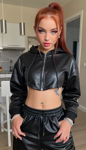european asian girl, 18 years, anorexic, petite, extreme skinny, red hair, redhead, high ponytail, tanned skin, blue eyes, ((freckles, rouged cheeks, pink eyeshadow, intense saturated magenta lipstick, black mascara, long strong eyelashes)), tattoos, nose piercing, belly piercing, earrings, bracelets, wide shiny black jogging pants, wide zipped black shiny hoodie, in a kitchen of a modern villa