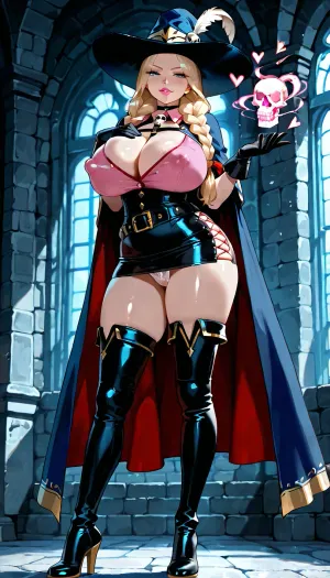 full body, bard, minstrel, magic caster, pink magical effects, hands on breasts, hand on ass, seductive stance.

very beautiful face, full lips, makeup, blue eyes, long hair, twin braids, blonde hair, huge natural breasts, bulging cleavage, erect nipples, bbw, curvy body type, (erotic pose), sweet smile, seductive gaze, magical.

tricorn with a feather, pink collared shirt, V-neck, leather skirt, leather harness, belt, (body harness), gloves, thigh high boots, leather high heel boots, short cloak, skimpy outfit, white lace underwear, choker.

castle background, battle scared wall, (skulls), hearts, dungeon.