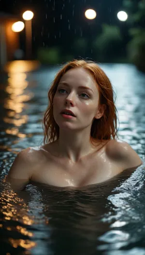 low angle. full shot. macrolens at the water's edge, 25 year old redhead woman, (((pale))), woman in a jacuzzi deep in the water, loud moaning, orgasm. only cute small ass and tits peeking out of the water, lying on her side. very wet skin. darkest night, detailxl, <lora:MJ52:1>