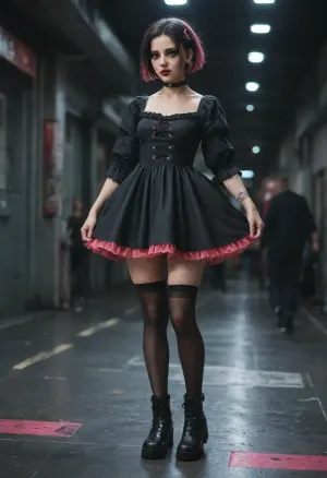 miniature cute goth girl in high-tech cyberpunk style futuristic dance floor, black hair with pink streaks, pixie haircut, goth makeup, gothic_loli dress, black stockings, dress hem ends higher than stockings elastic band, massive heavy black boots