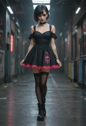 miniature cute goth girl in high-tech dance floor in cyberpunk style futuristic night club, black hair with pink streaks, pixie haircut, goth makeup, gothic_loli dress, black stockings, dress hem ends higher than stockings elastic band, massive heavy black boots