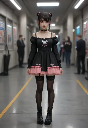 miniature cute goth girl in high-tech cyberpunk style futuristic dance floor, black hair with pink streaks, pixie haircut, goth makeup, gothic_loli dress, black stockings, dress hem ends higher than stockings elastic band, massive heavy black boots