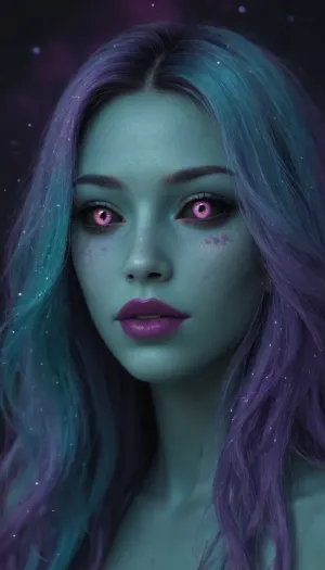 (smooth teal skin:1.8), (galaxy reflecting eyes:1.8), (black sclera:1.5), (purple lipstick:1.6), (luminescent hair:1.2), (glowing hair:1.2), (cian hair:1.9), eyes close view