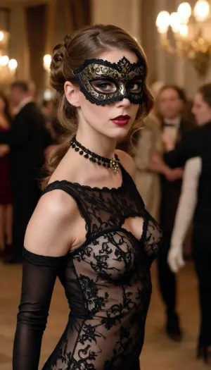 full body view of slender european upper class girl with a venetian mask at an swinger event looking over her shoulder, eyes wide shut, black lace, extreme pale skin, necklace, (full body view), (half up brown hair), gloves, high heels